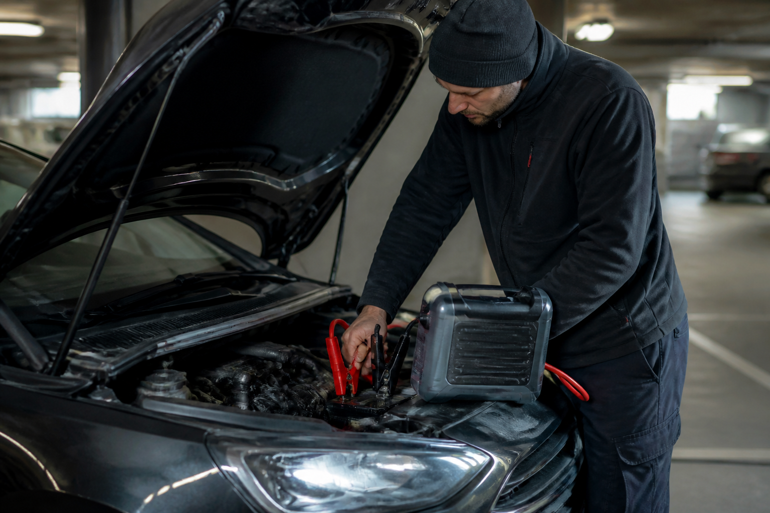 Batterie de voiture en charge avec booster dans un parking souterrain à Paris