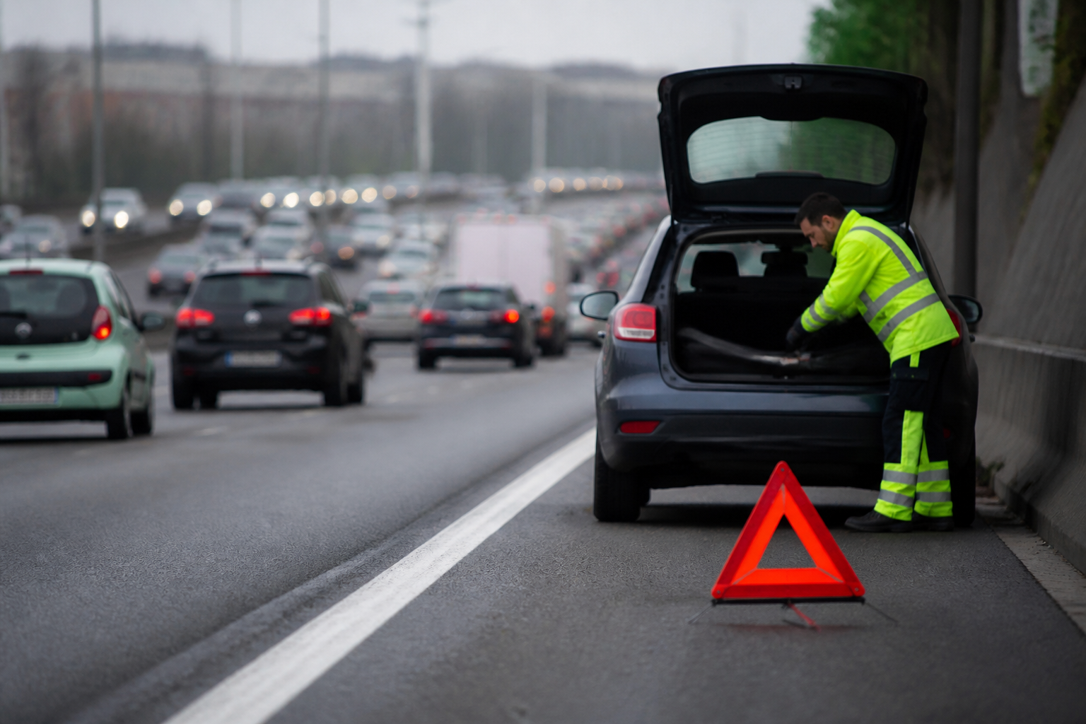 Voiture arrêtée sur bande d'arrêt d'urgence du périphérique de Paris avec triangle de signalisation