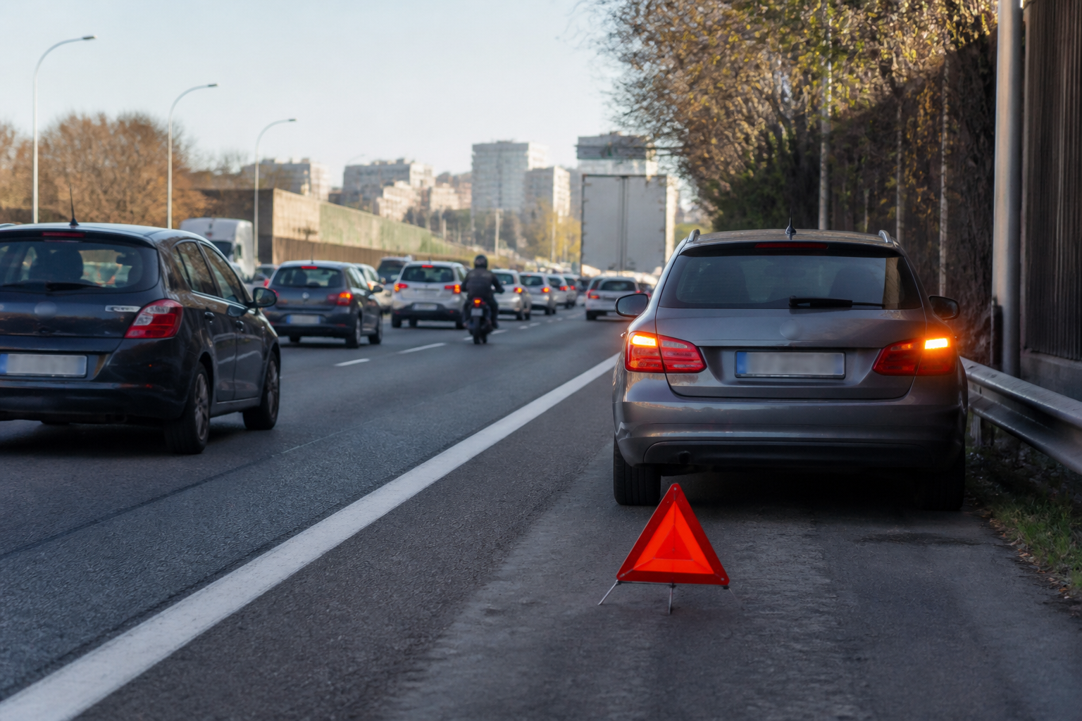Voiture immobilisée avec signalisation sur le périphérique parisien