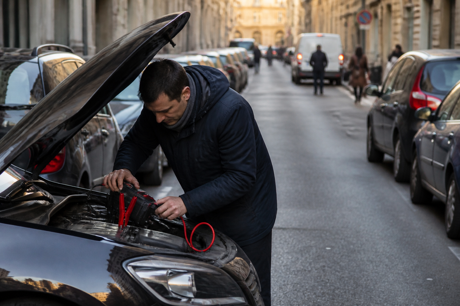 Dépannage batterie avec booster dans une rue étroite à Paris