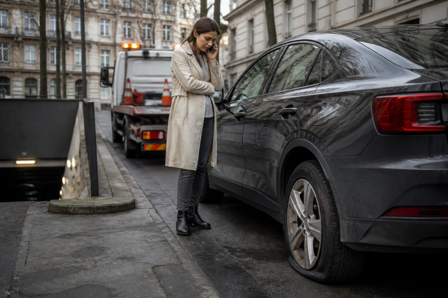Dépannage crevaison voiture près d'un parking souterrain à Paris